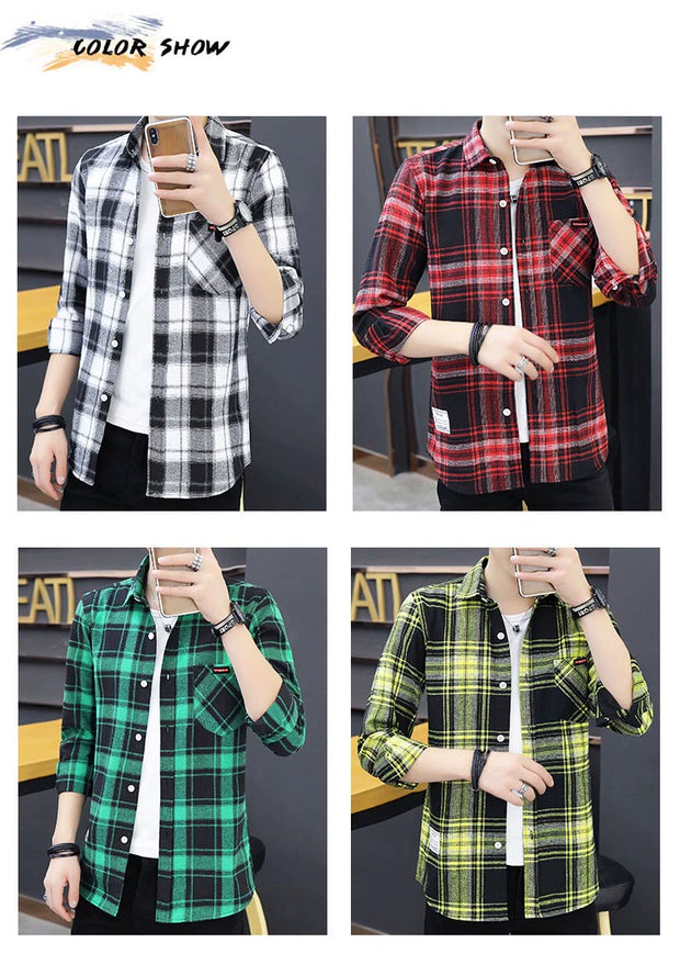 Long sleeve Shirts Men's Plaid Trendy Brand New Autumn and Winter Fleece-lined Korean Style Loose Casual Shirt Hong Kong Style Clothes