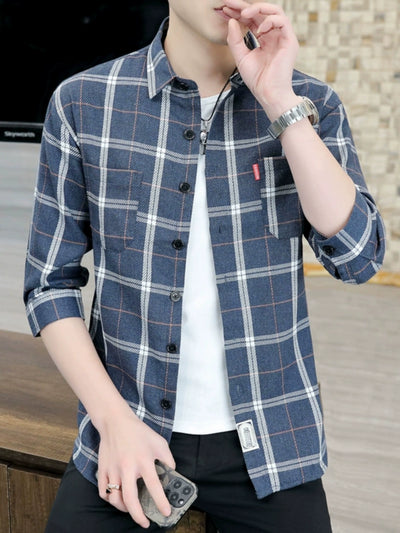 Plaid Shirts Men's Spring and Autumn Winter New Casual Popular Long sleeve Shirt Handsome Youth Cropped Half Sleeve Shirt