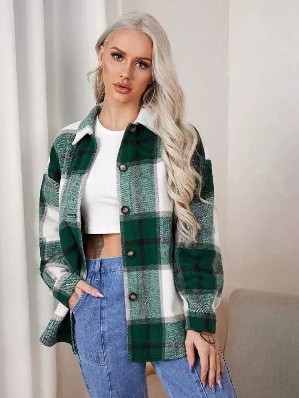 2021women Fashion Loose Lapel Long Sleeve Plaid Shirt Ladies