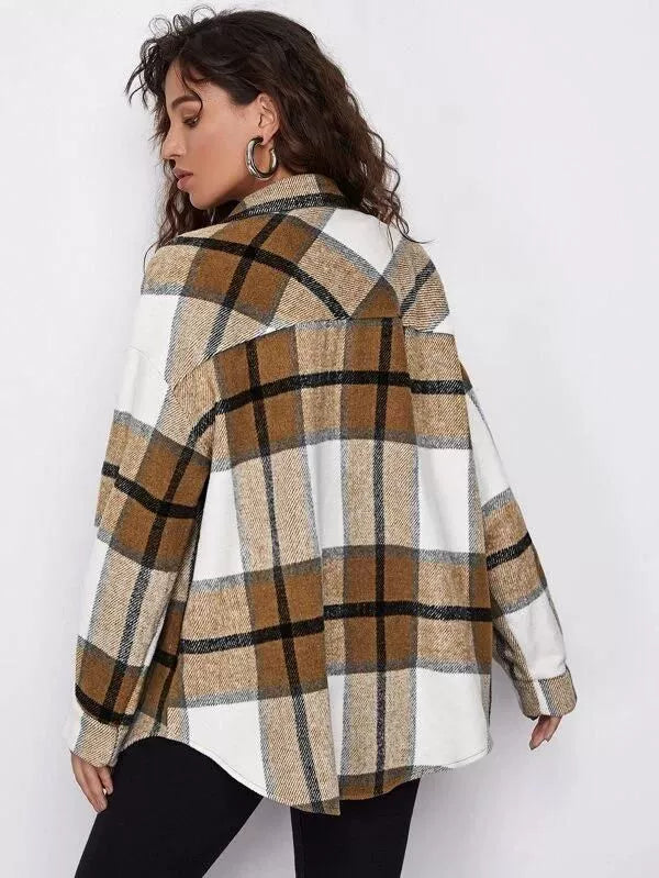 2021women Fashion Loose Lapel Long Sleeve Plaid Shirt Ladies