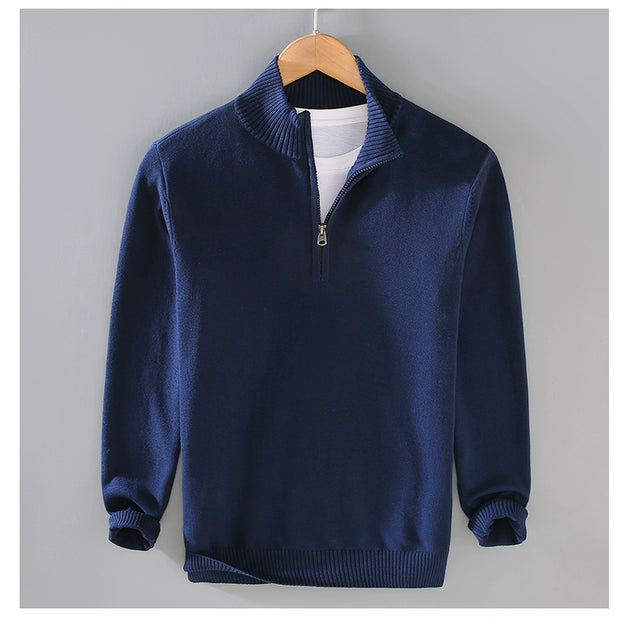 Half-Open Zipped Stand Collar Cotton Casual Sweater Sweater