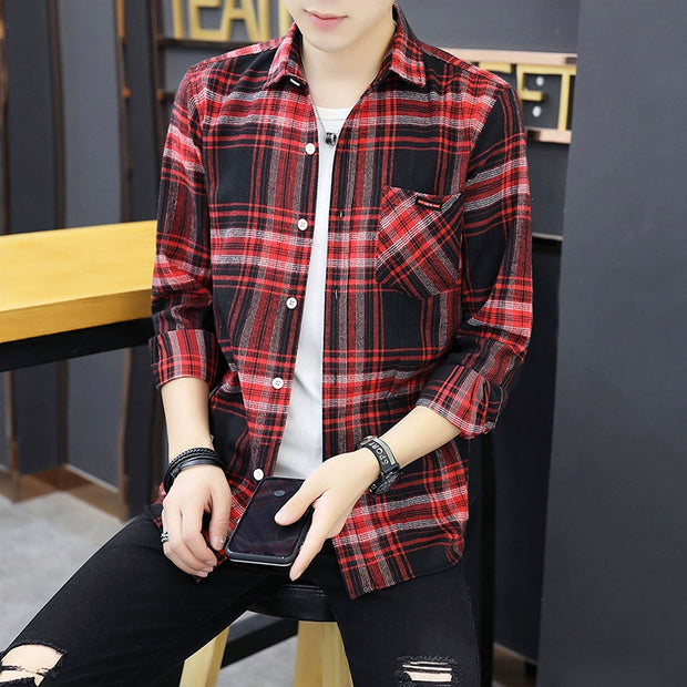 Long sleeve Shirts Men's Plaid Trendy Brand New Autumn and Winter Fleece-lined Korean Style Loose Casual Shirt Hong Kong Style Clothes