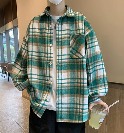 Hong Kong Style New Arrival Woolen Plaid Long Sleeve Shirt Men Autumn and Winter Fashion Brand Trendy Casual Handsome Loose Shirt Coat