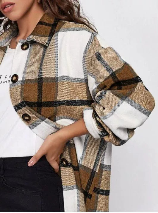 2021women Fashion Loose Lapel Long Sleeve Plaid Shirt Ladies