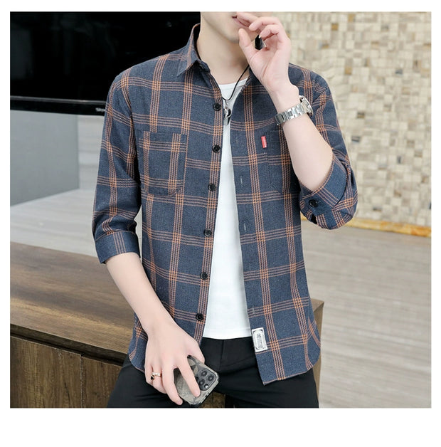 Plaid Shirts Men's Spring and Autumn Winter New Casual Popular Long sleeve Shirt Handsome Youth Cropped Half Sleeve Shirt