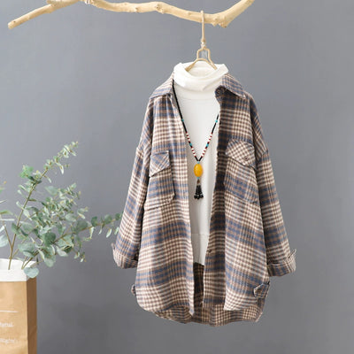 Fall 2023 New Plaid Shirt Women's Korean Style Midi Lapel Long Sleeve Coat Loose Casual Padded Top