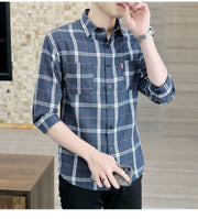 Plaid Shirts Men's Spring and Autumn Winter New Casual Popular Long sleeve Shirt Handsome Youth Cropped Half Sleeve Shirt