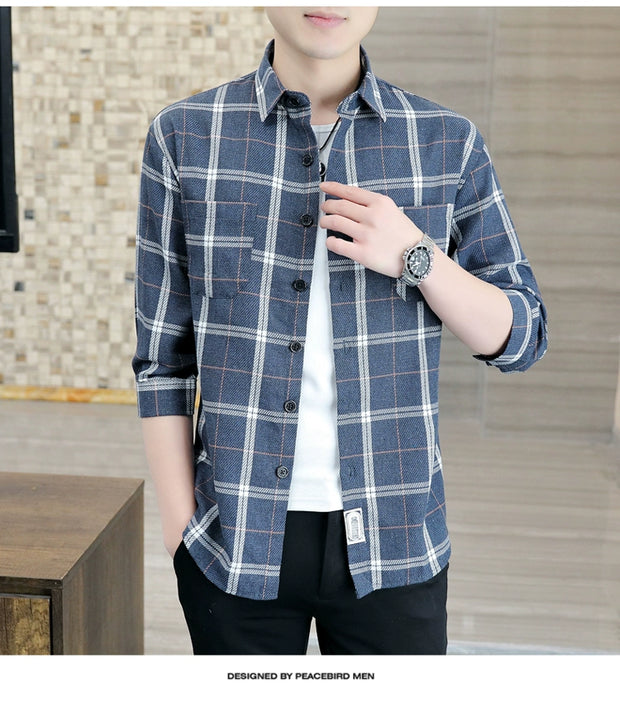 Plaid Shirts Men's Spring and Autumn Winter New Casual Popular Long sleeve Shirt Handsome Youth Cropped Half Sleeve Shirt