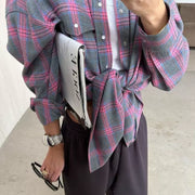 Baggy Plaid Long-Sleeve Shirt Retro Style All-Matching Lapel Loose Plaid Long Sleeve Shirt