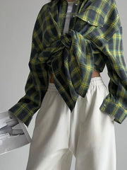 Baggy Plaid Long-Sleeve Shirt Retro Style All-Matching Lapel Loose Plaid Long Sleeve Shirt