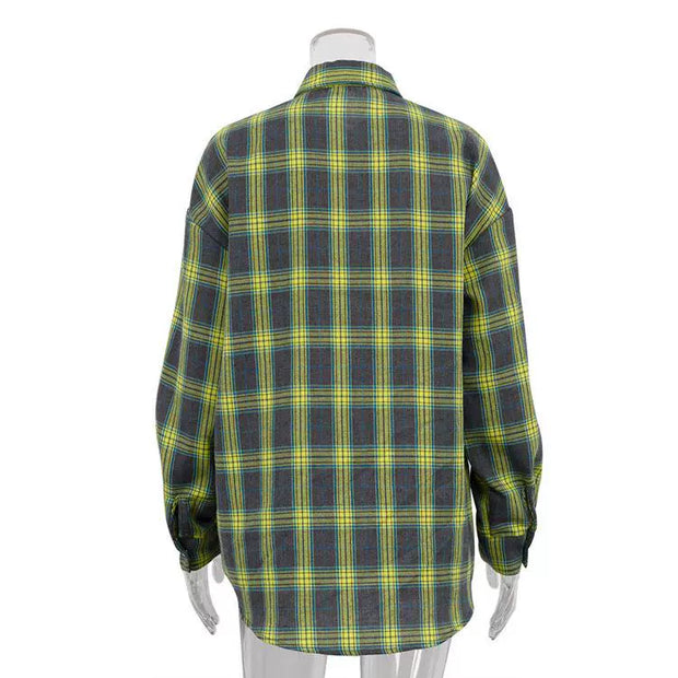 Baggy Plaid Long-Sleeve Shirt Retro Style All-Matching Lapel Loose Plaid Long Sleeve Shirt