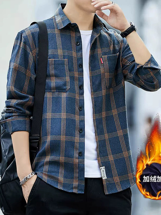 Plaid Shirts Men's Spring and Autumn Winter New Casual Popular Long sleeve Shirt Handsome Youth Cropped Half Sleeve Shirt