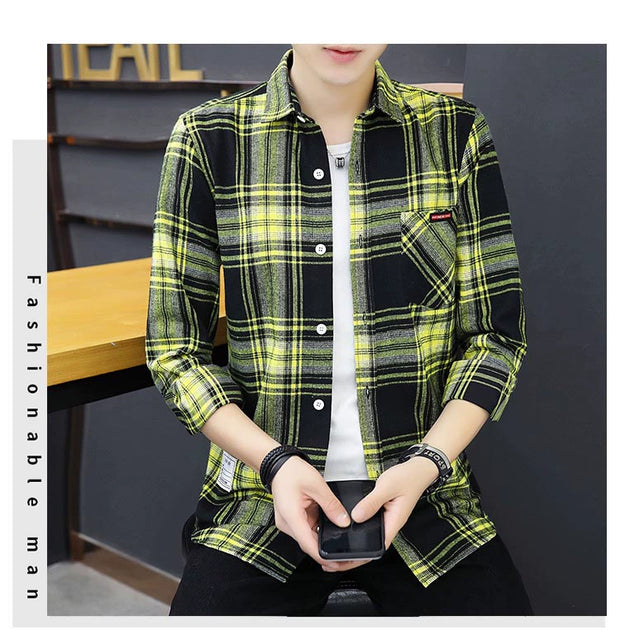 Long sleeve Shirts Men's Plaid Trendy Brand New Autumn and Winter Fleece-lined Korean Style Loose Casual Shirt Hong Kong Style Clothes