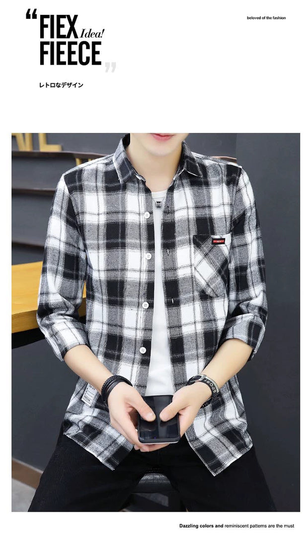 Long sleeve Shirts Men's Plaid Trendy Brand New Autumn and Winter Fleece-lined Korean Style Loose Casual Shirt Hong Kong Style Clothes