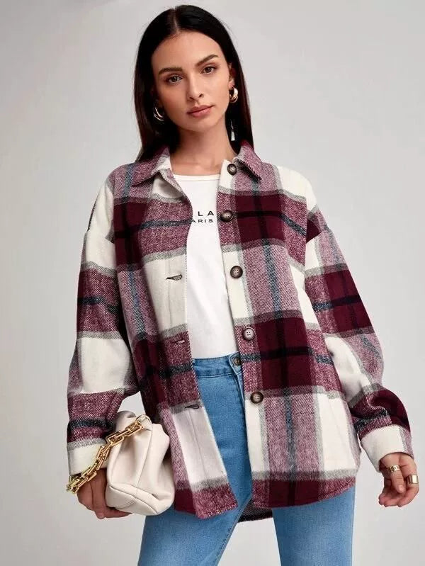 2021women Fashion Loose Lapel Long Sleeve Plaid Shirt Ladies