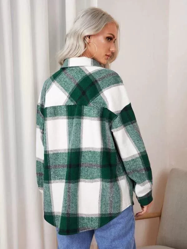 2021women Fashion Loose Lapel Long Sleeve Plaid Shirt Ladies