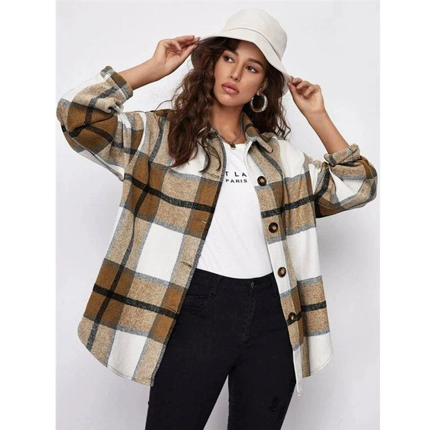 2021women Fashion Loose Lapel Long Sleeve Plaid Shirt Ladies