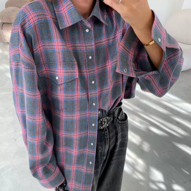 Baggy Plaid Long-Sleeve Shirt Retro Style All-Matching Lapel Loose Plaid Long Sleeve Shirt