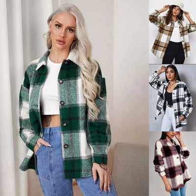 2021women Fashion Loose Lapel Long Sleeve Plaid Shirt Ladies