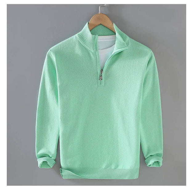 Half-Open Zipped Stand Collar Cotton Casual Sweater Sweater