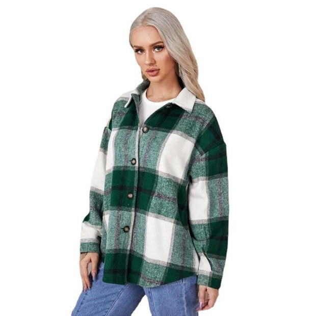 2021women Fashion Loose Lapel Long Sleeve Plaid Shirt Ladies