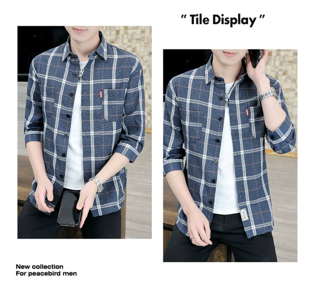 Plaid Shirts Men's Spring and Autumn Winter New Casual Popular Long sleeve Shirt Handsome Youth Cropped Half Sleeve Shirt