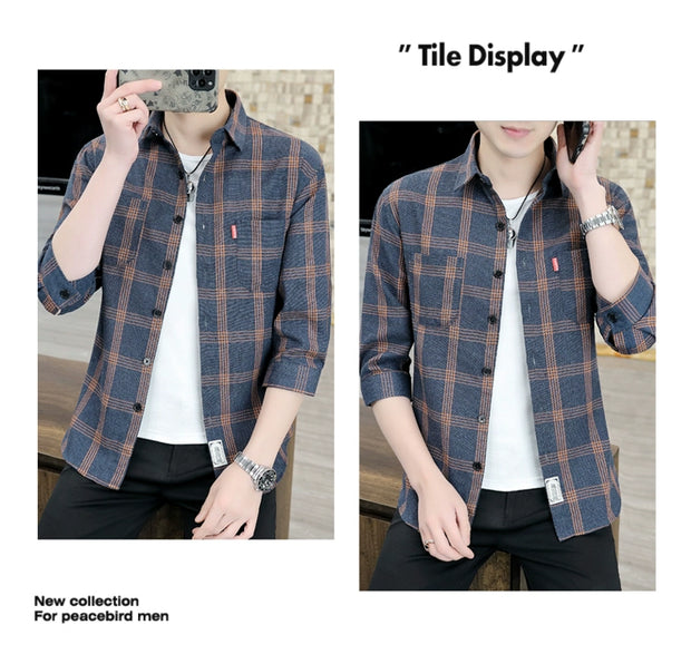 Plaid Shirts Men's Spring and Autumn Winter New Casual Popular Long sleeve Shirt Handsome Youth Cropped Half Sleeve Shirt