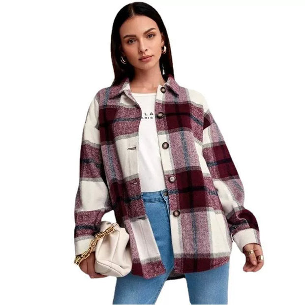 2021women Fashion Loose Lapel Long Sleeve Plaid Shirt Ladies