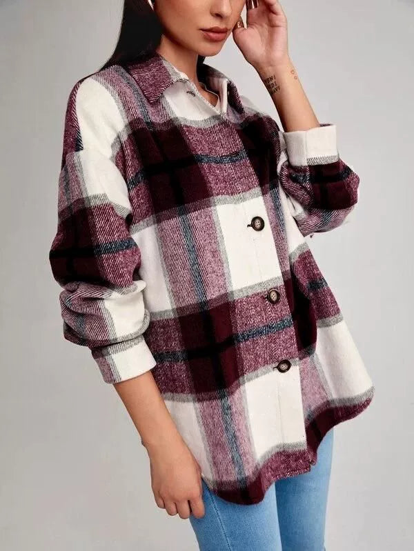 2021women Fashion Loose Lapel Long Sleeve Plaid Shirt Ladies