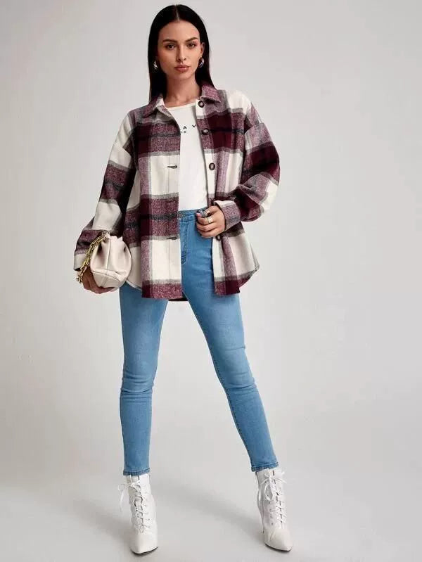 2021women Fashion Loose Lapel Long Sleeve Plaid Shirt Ladies