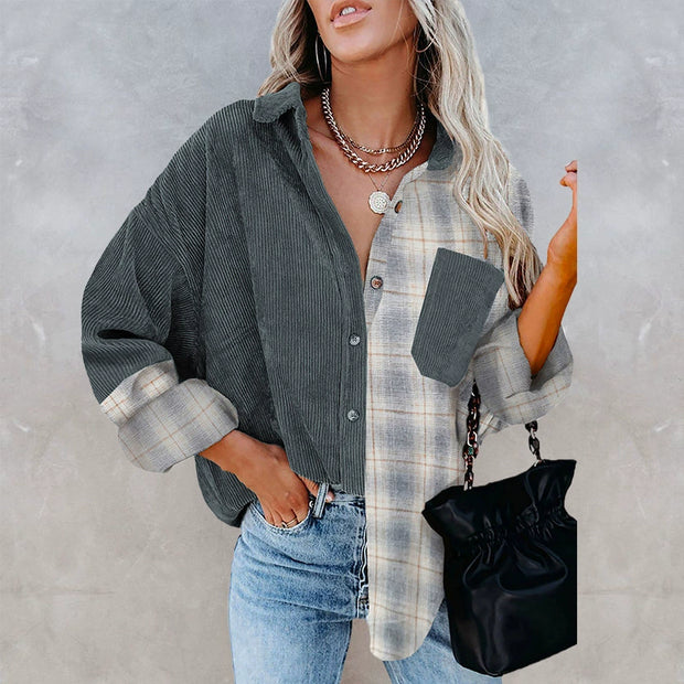 Women's Long Long Sleeve Loose Pocket Lapel Shirt Ins Plaid