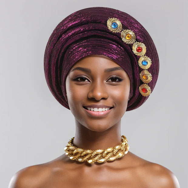 Nigerian Wedding Geles African Headtie Auto Gele Turbans for Women Aso Oke Fabric Muslim Headwear Headpiece Female Head Wraps