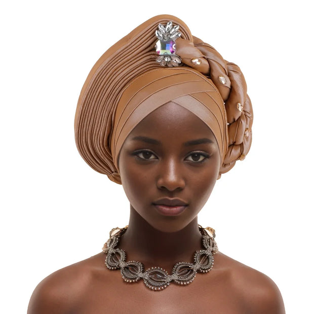 Pre-Tied Africa Braid Aso Oke Auto Gele Headtie Already Made Nigerian Turbans for Women African Head Wrap Bonnet for Party 1Set