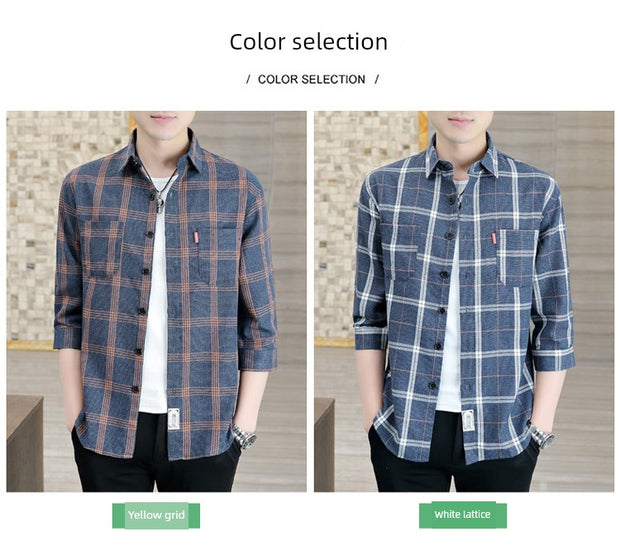 Plaid Shirts Men's Spring and Autumn Winter New Casual Popular Long sleeve Shirt Handsome Youth Cropped Half Sleeve Shirt