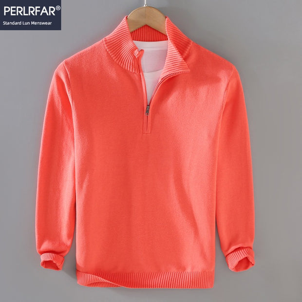 Half-Open Zipped Stand Collar Cotton Casual Sweater Sweater