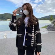 2024 New Black Striped Knitted Cardigan Loose Fit Idle Style Simple Versatile Sweater Jacket For Women Spring Autumn Korean Vers