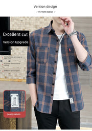 Plaid Shirts Men's Spring and Autumn Winter New Casual Popular Long sleeve Shirt Handsome Youth Cropped Half Sleeve Shirt