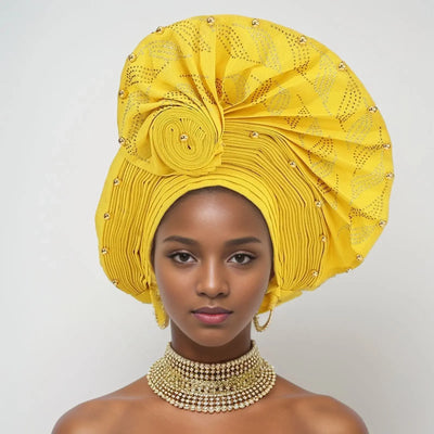 Latest Aso Oke Auto Gele Headtie Already Handmade African Cap Nigerian Wedding Gele Women Turbans Head Wraps Hijab Bonnet Mujer