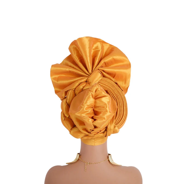 African Female Turban Cap Women Auto gele Headtie Nigeria Raw Silk Fan Gele Wedding Headdress Party Head Wraps Headwear Turbante