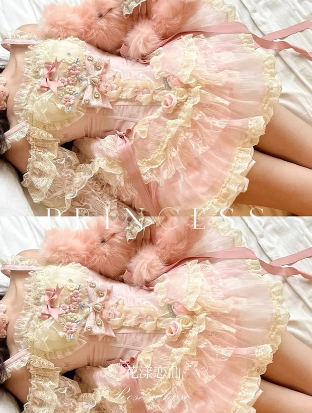 Autumn Spring Sweet Lolita Sleeveless Rose Patch Lace Light Lolita Dress Pink Fairy Ball Gown Dress