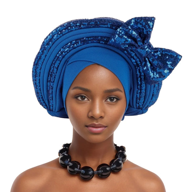 Pre-Tied Africa Braid Aso Oke Auto Gele Headtie Already Made Nigerian Turbans for Women African Head Wrap Bonnet for Party 1Set