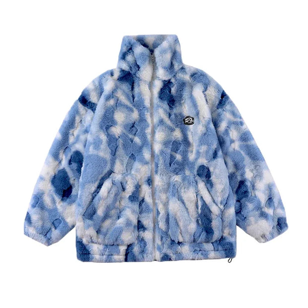 New Women's Tie Dye Lamb Fleece Jacket Autumn Winter Zipper Outerwear Warm Plush Jackets Harajuku Casual Loose Female Thick Coat