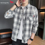 Red Dragonfly Plaid Shirt Men's Shirt Clothes Autumn and Winter New Trendy Casual Long Sleeve Shirt Coat Men's Clothing