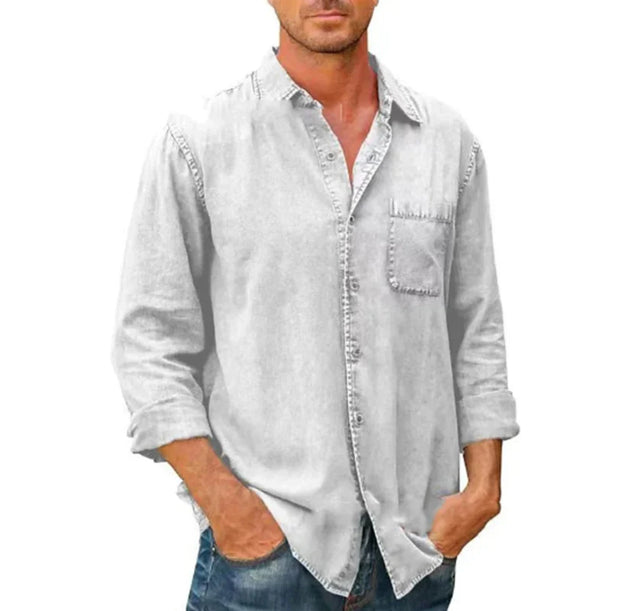 2023 Spring Autumn New Mens Denim Long Sleeve Button Down Pocket Shirt Retro Work Male Slim Fit Solid Color Casual Fashion Tops