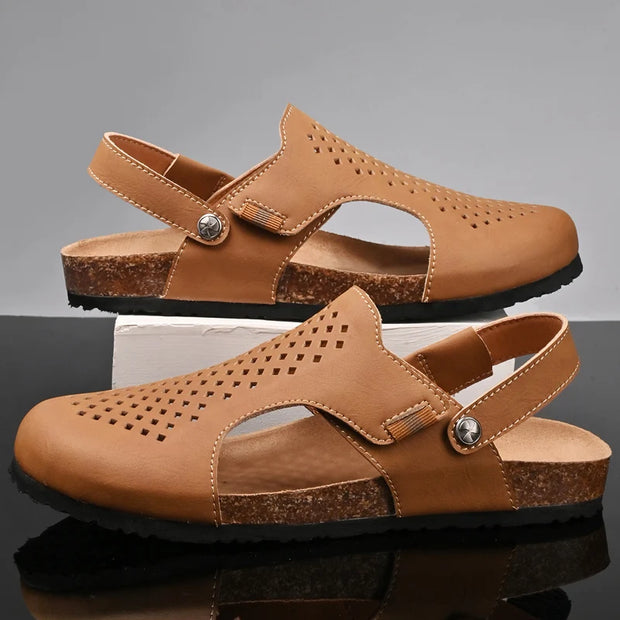 2024 Men Genuine Leather Shoes Men's Sandals Durable Handmade Stitching Close Toe Non Slip Shoes For Indoor Outdoor Beach