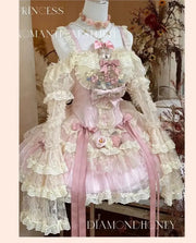 Autumn Spring Sweet Lolita Sleeveless Rose Patch Lace Light Lolita Dress Pink Fairy Ball Gown Dress