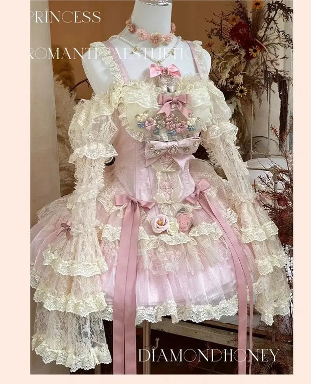 Autumn Spring Sweet Lolita Sleeveless Rose Patch Lace Light Lolita Dress Pink Fairy Ball Gown Dress