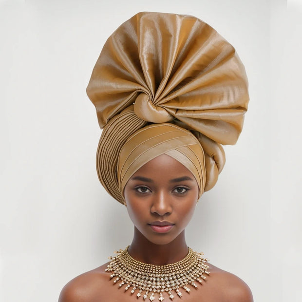 African Female Turban Cap Women Auto gele Headtie Nigeria Raw Silk Fan Gele Wedding Headdress Party Head Wraps Headwear Turbante