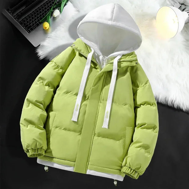 Men Hooded Cotton Coat2024 New Casual Hooded Fake Two-piece Design Down Cotton Warm Parka Korean Style Thick Men's Winter Jacket