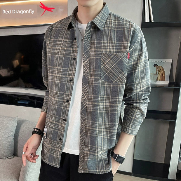 Red Dragonfly Plaid Shirt Men's Shirt Clothes Autumn and Winter New Trendy Casual Long Sleeve Shirt Coat Men's Clothing